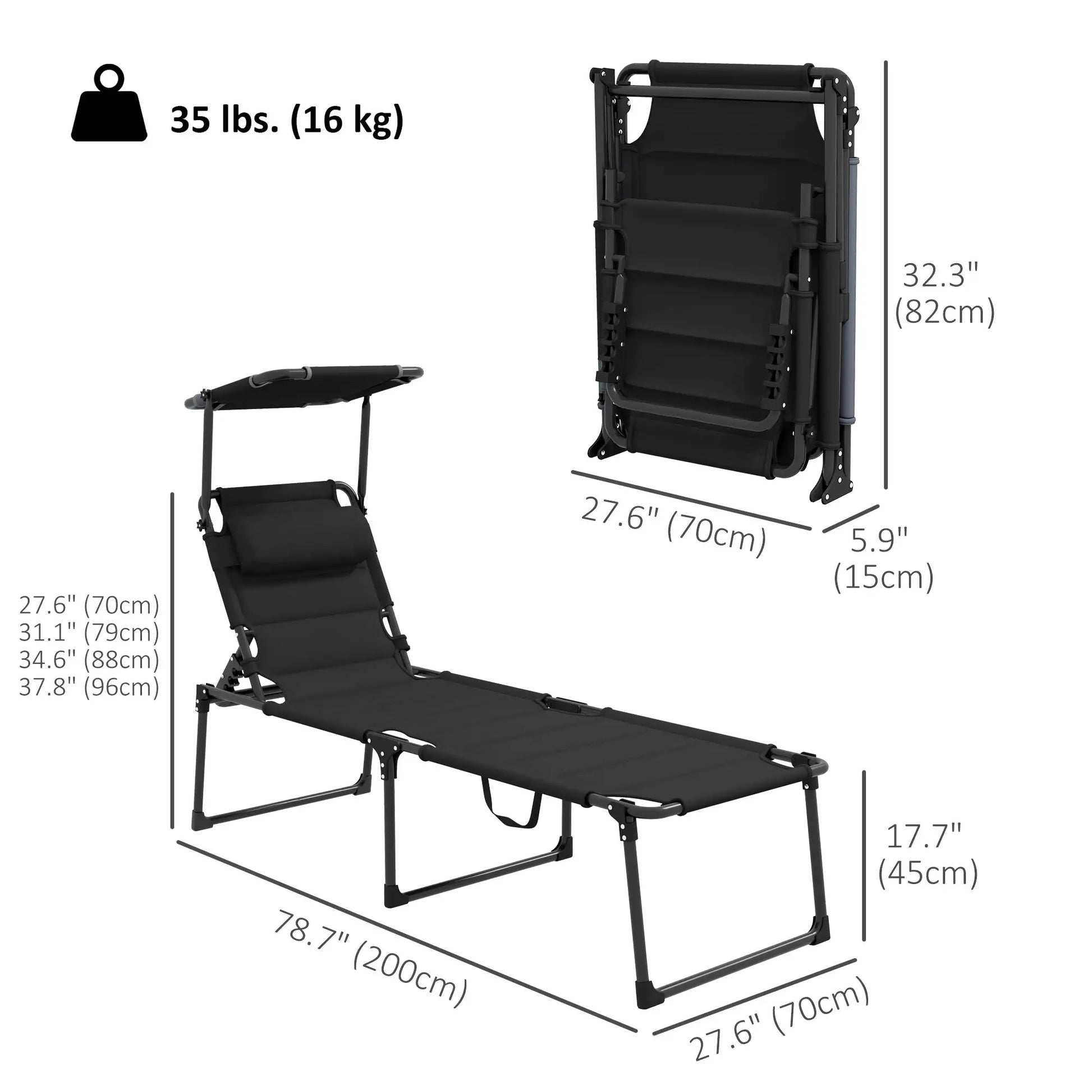 Folding Chaise Lounge, Adjustable Sunroof, Outdoor Quick Dry, Black Lounger Chairs at Gallery Canada