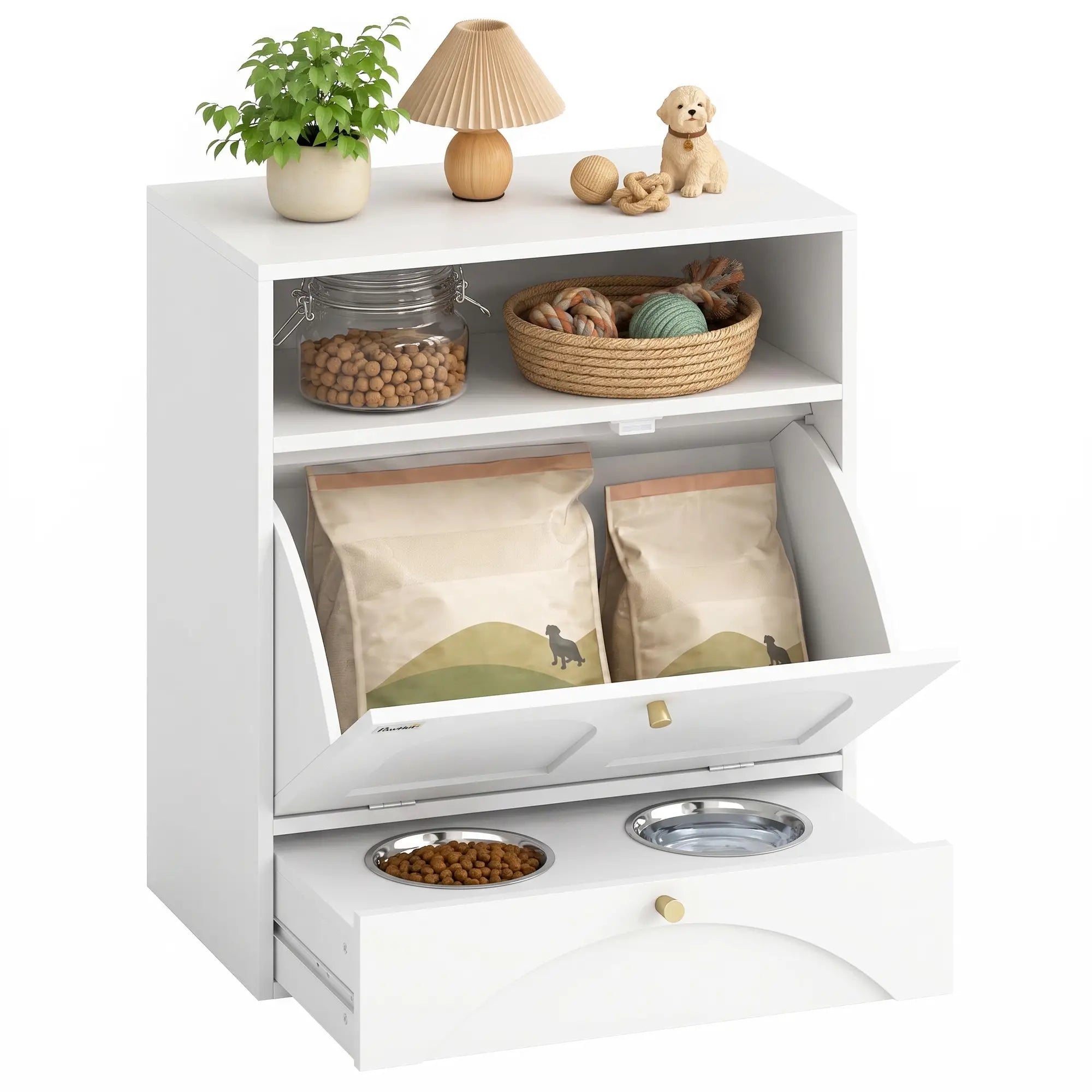 Dog Feeding Station, Food Storage Cabinet, 2 Elevated Bowls, White, White Dog Bowls at Gallery Canada