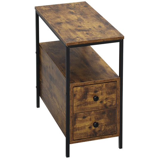 Side Table with 2 Drawers and Storage Shelf, Narrow End Table Nightstand with Metal Frame for Small Spaces, Rustic Brown