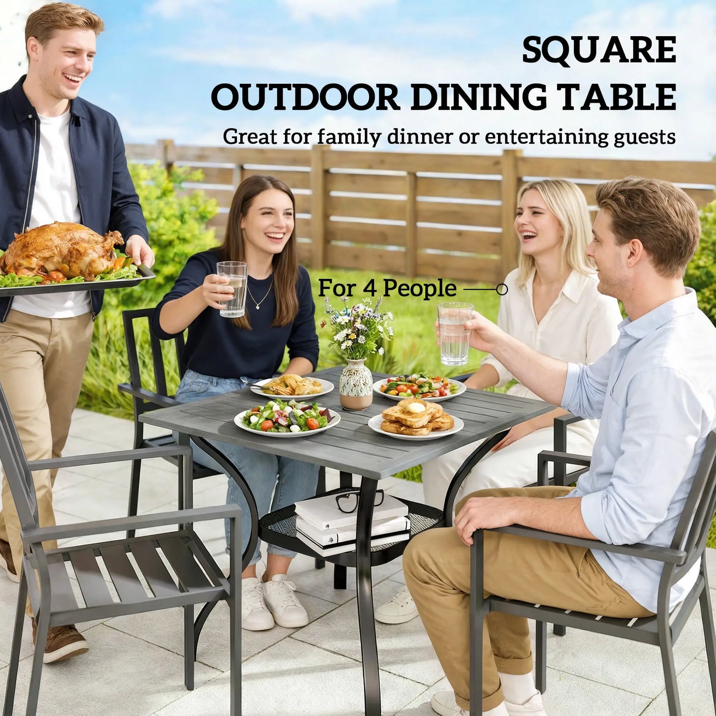 Square Patio Table With Umbrella Hole, Shelf, Slatted Faux Wood Steel Top, Grey Patio Dining Tables at Gallery Canada