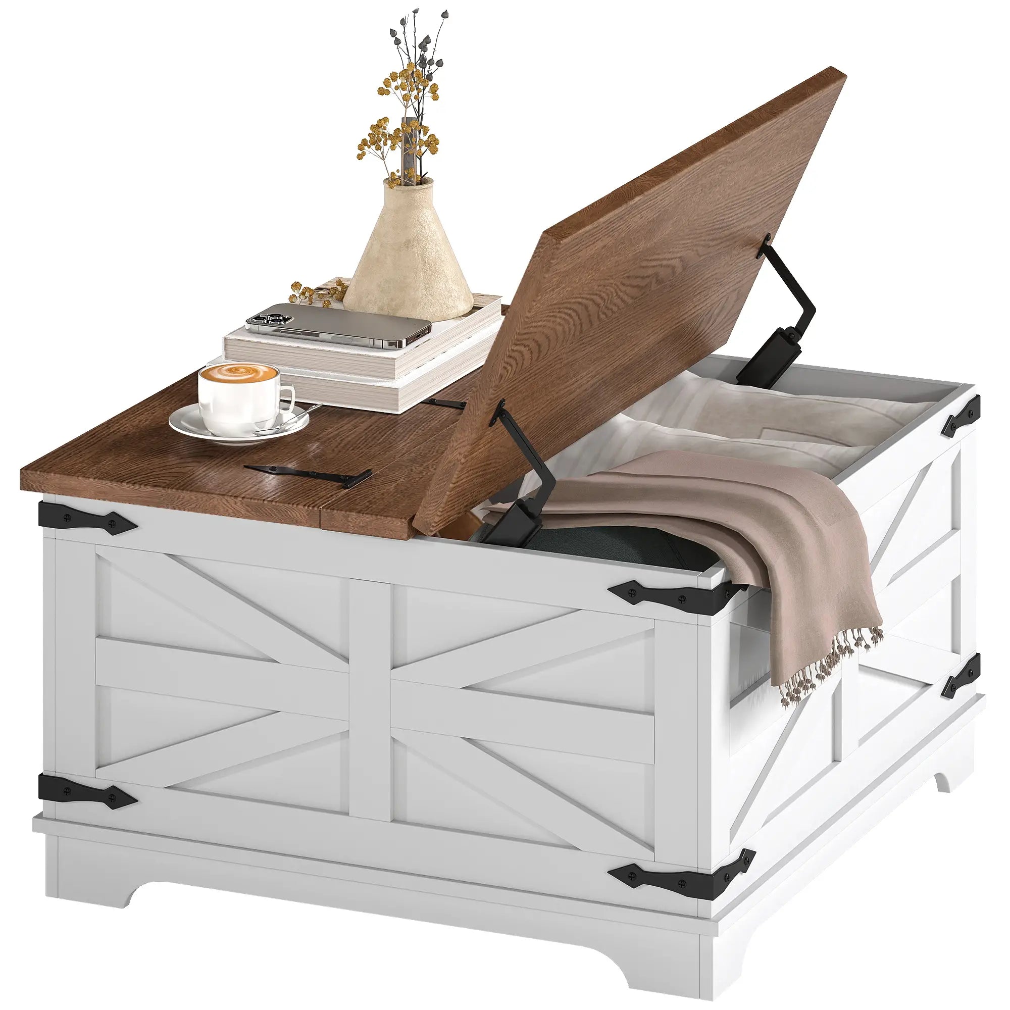 Farmhouse Coffee Table, Square Flip-Top Lid, Hidden Storage, White Coffee Tables at Gallery Canada