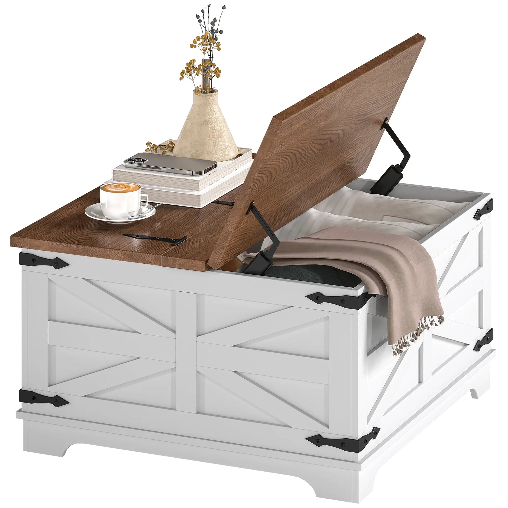 Farmhouse Coffee Table, Square Flip-Top Lid, Hidden Storage, White Coffee Tables at Gallery Canada