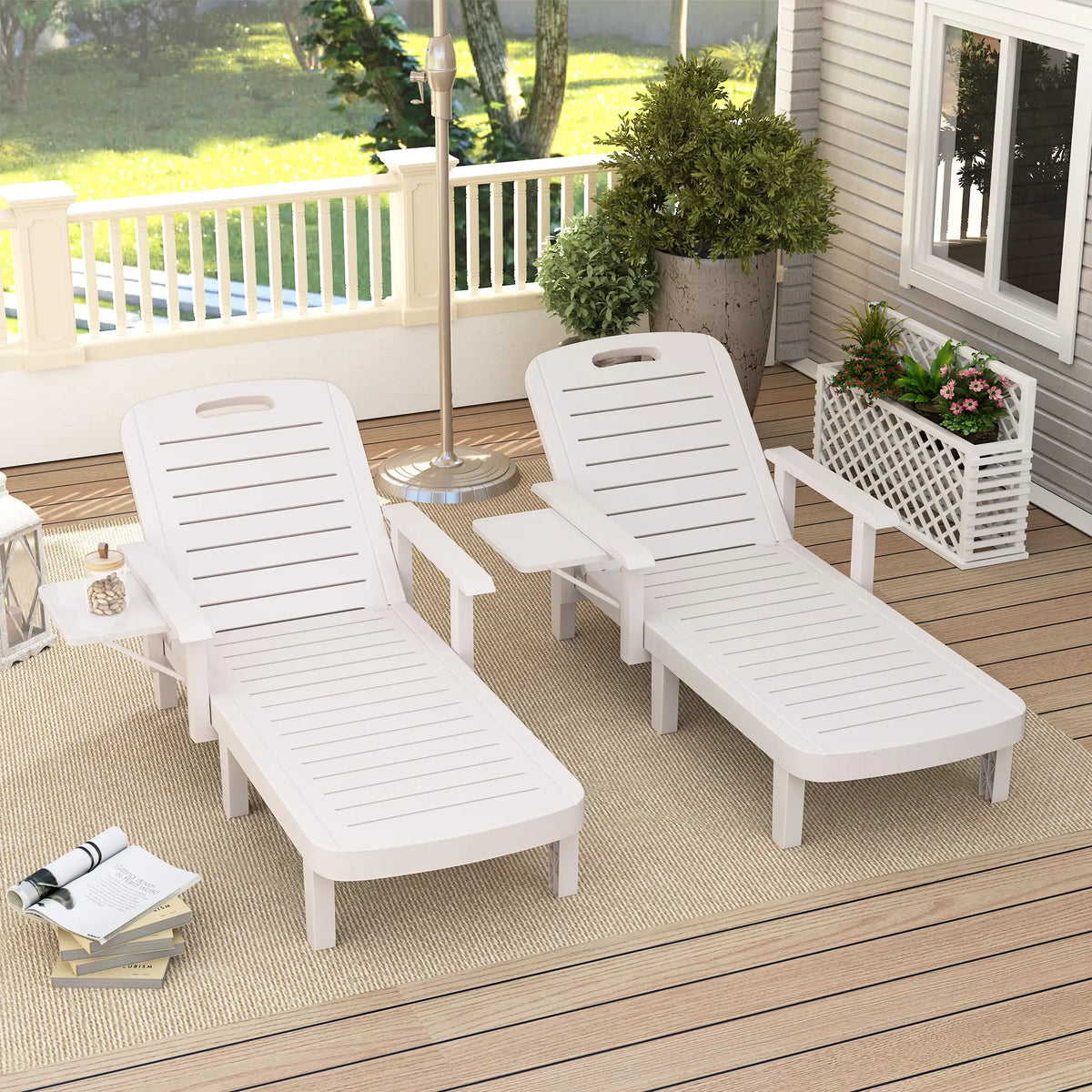 2 Tanning Chairs, 5 Position Adjustable, Foldable Side Table, White Lounger Chairs at Gallery Canada