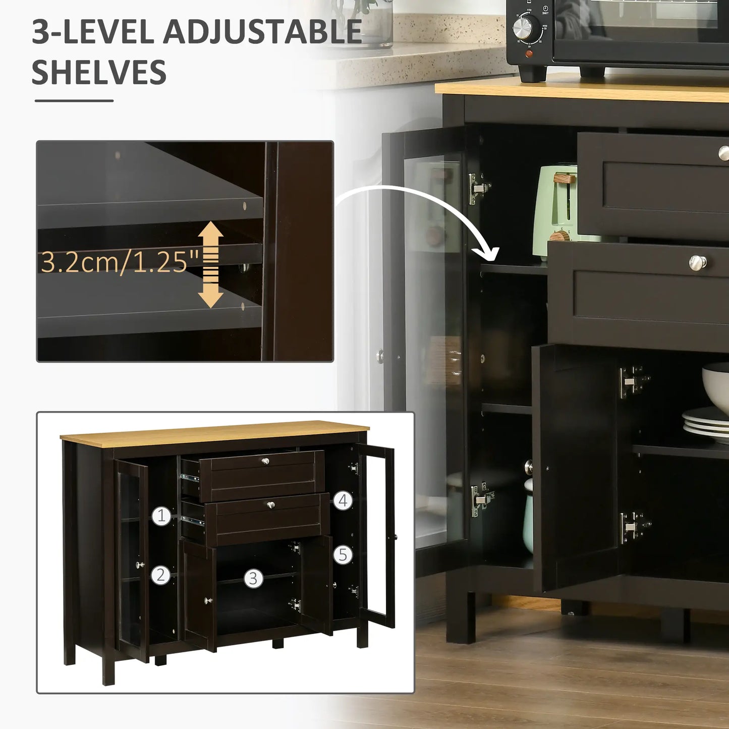 Buffet Cabinet Sideboard, 2 Drawers, 3 Storage Cabinets, Glass Doors, Dark Brown Bar Cabinets at Gallery Canada