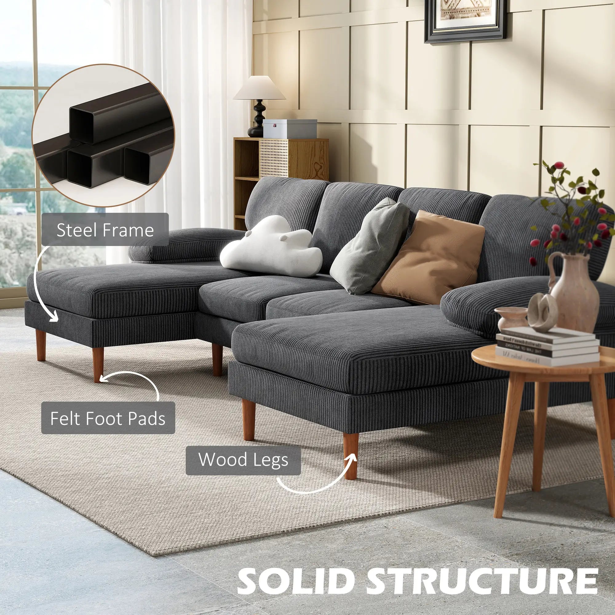 U Shape Couch with Double Chaise, Modern 4 Seater Sofa, Dark Grey 3-Seater Sofas at Gallery Canada