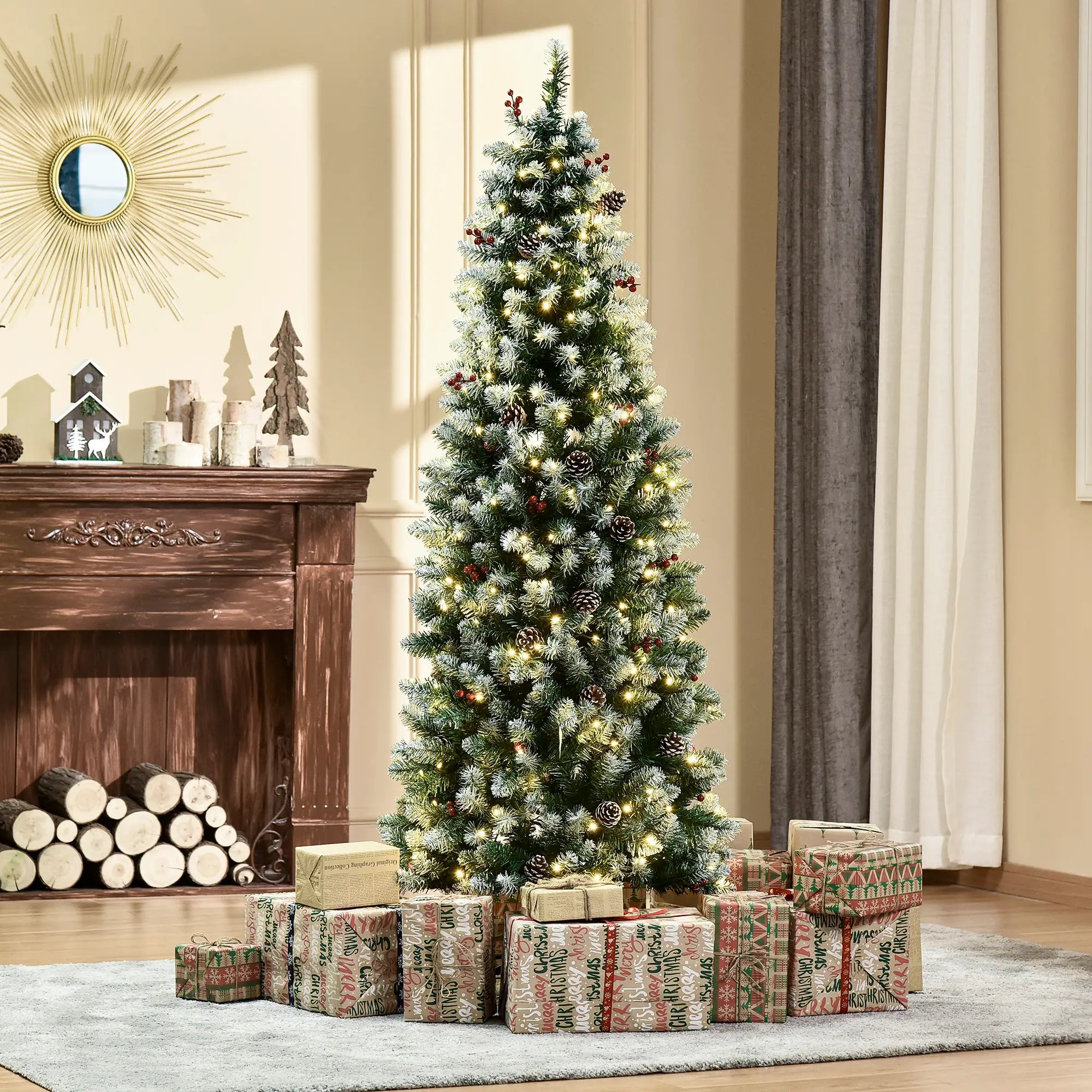 6 ft Pre-Lit Christmas Tree, LED Lights, Pine Cones, Red Berries Pencil Christmas Trees at Gallery Canada