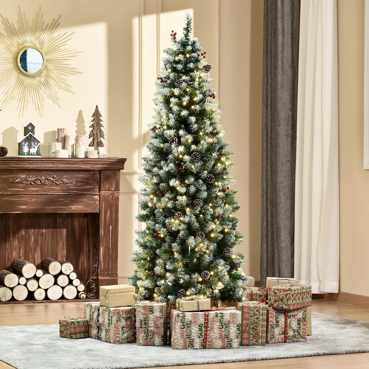 6 ft Pre-Lit Christmas Tree, LED Lights, Pine Cones, Red Berries Pencil Christmas Trees at Gallery Canada