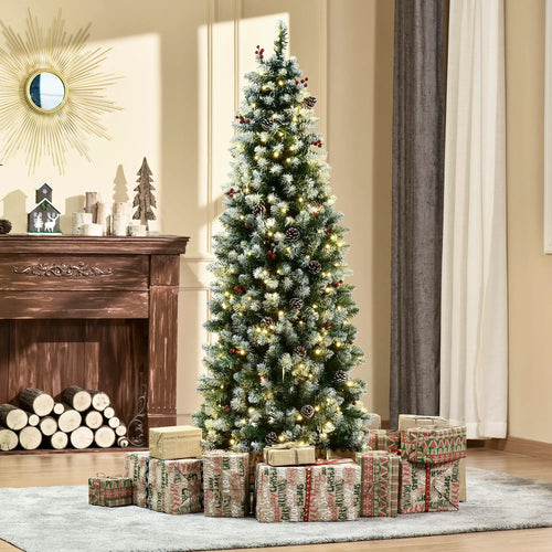 6 ft Pre-Lit Christmas Tree, LED Lights, Pine Cones, Red Berries