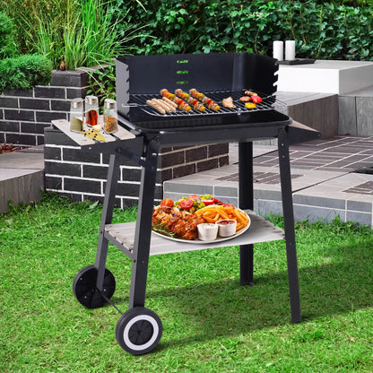 Charcoal BBQ Grill With Side Trays, Storage Shelf, Wheels