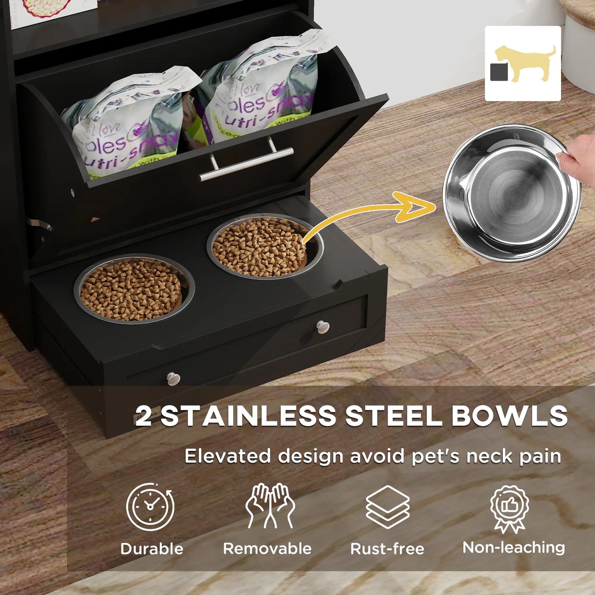 Pet Feeder Station, Dog Food Storage Cabinet with Bowls, Black Dog Bowls at Gallery Canada