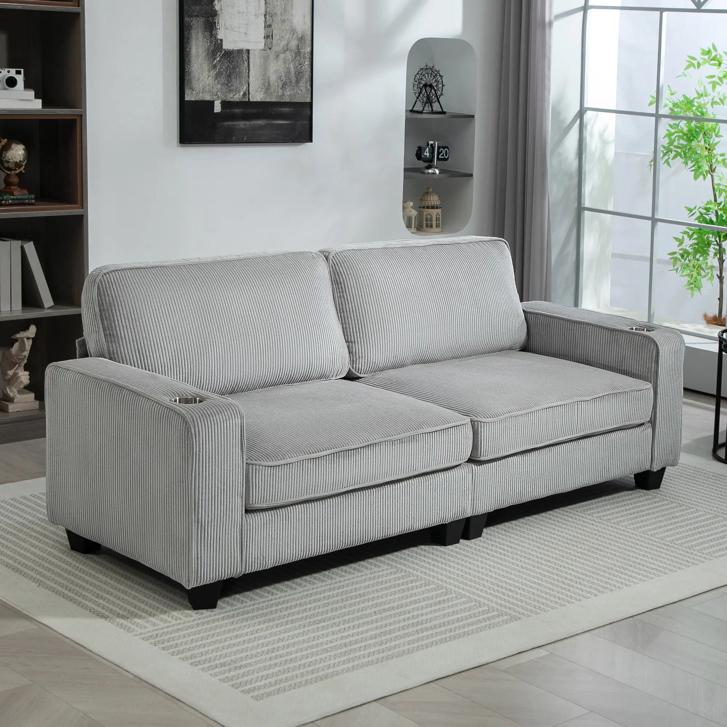 Three Seater Sofa, Fabric Couch with Spring Cushion, Cup Holders, Light Grey 3-Seater Sofas at Gallery Canada