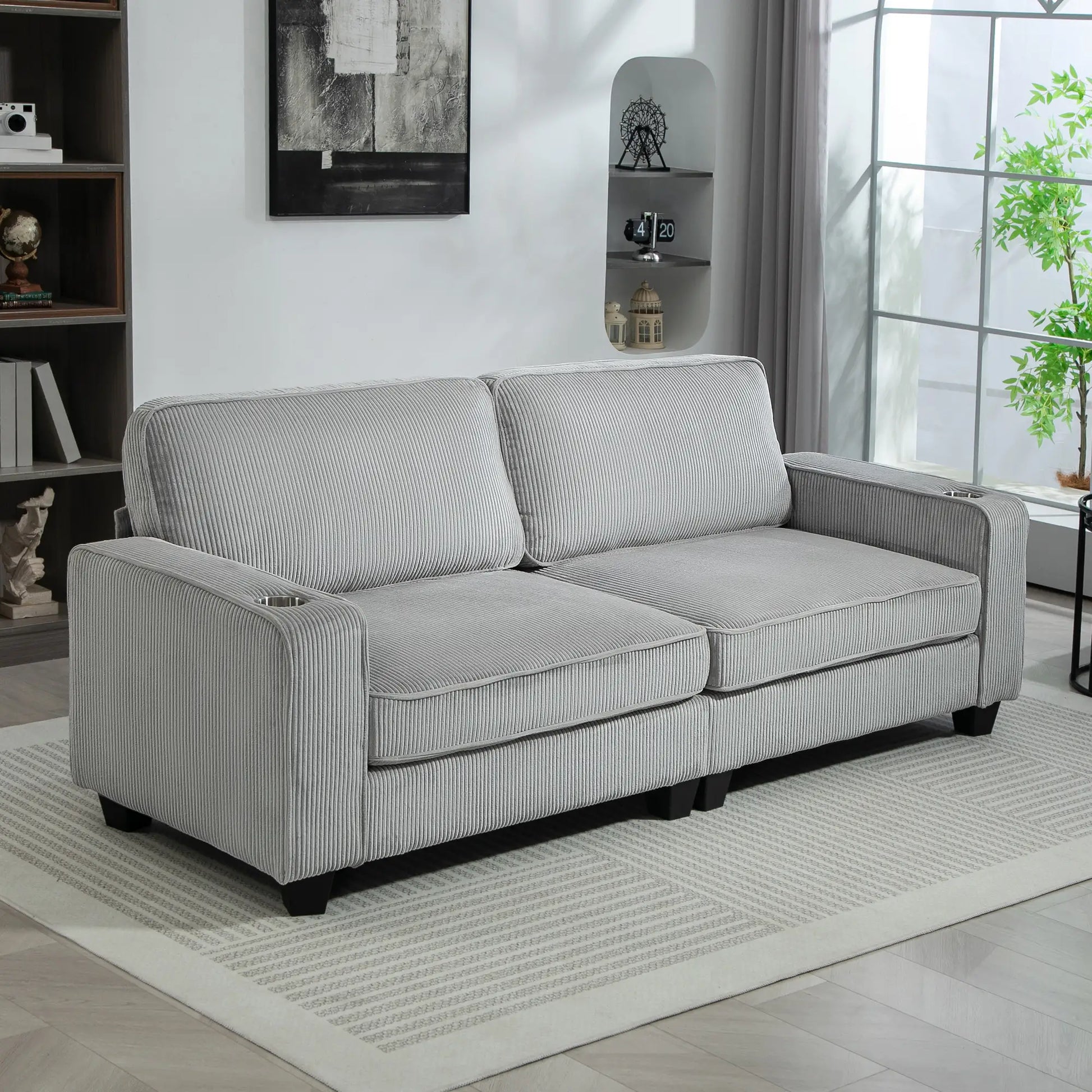 Three Seater Sofa, Fabric Couch with Spring Cushion, Cup Holders, Light Grey 3-Seater Sofas at Gallery Canada