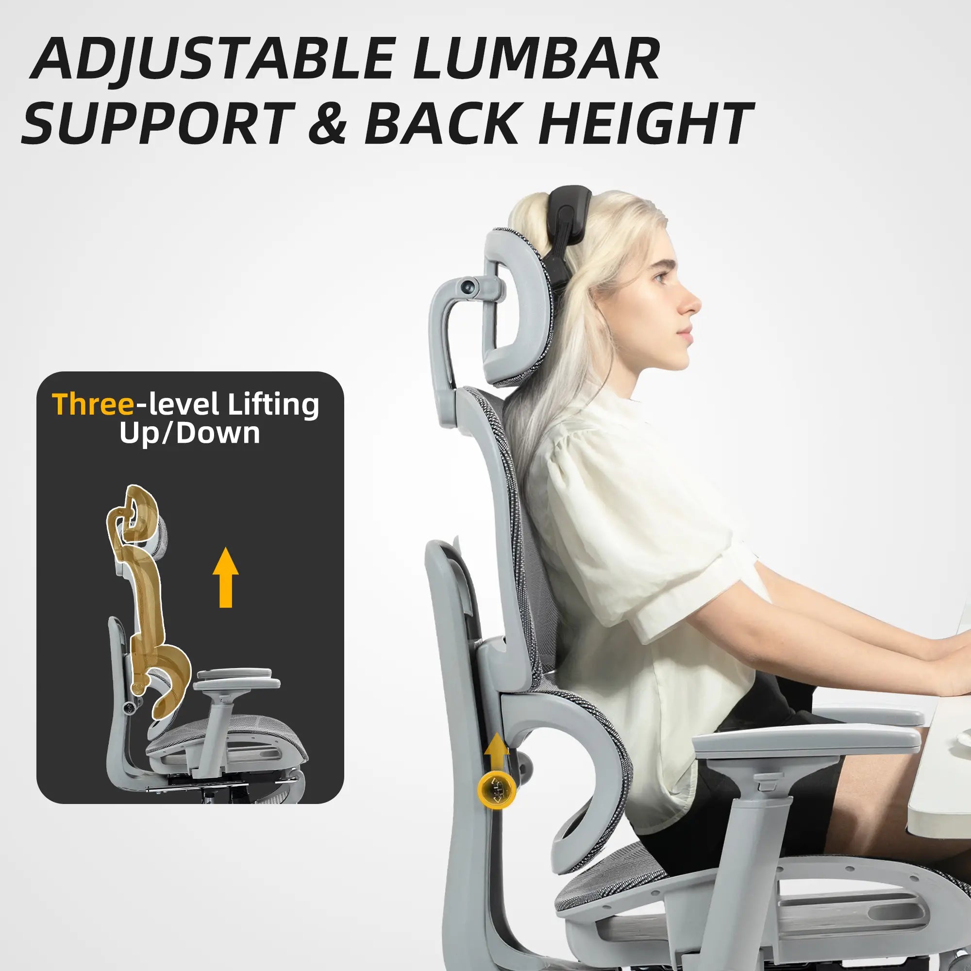 Mesh Office Chair, 3D Armrest, High Back, Lumbar Support, 135° Recline, Adjustable Headrest, Grey Executive & Manager Chairs at Gallery Canada