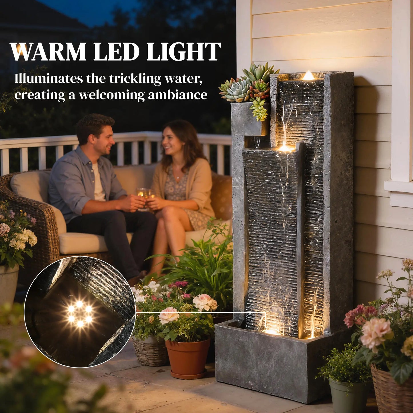 3-Tier Outdoor Water Fountain With LED Lights, Planter, Pump, Dark Grey Water Fountains at Gallery Canada