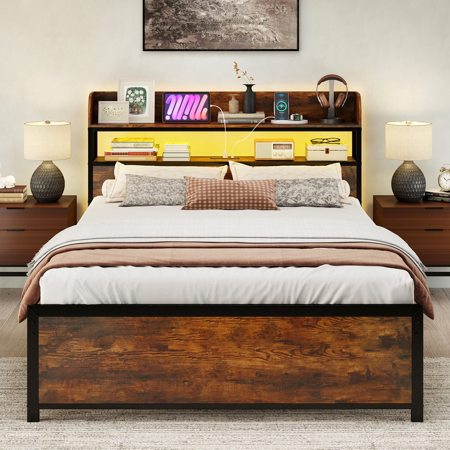 LED Bed Frame with Power Outlets and Storage Headboard-Full Size Beds & Bed Frames at Gallery Canada
