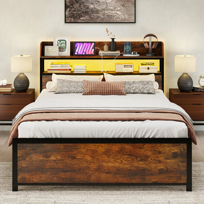LED Bed Frame with Power Outlets and Storage Headboard-Full Size Beds & Bed Frames at Gallery Canada