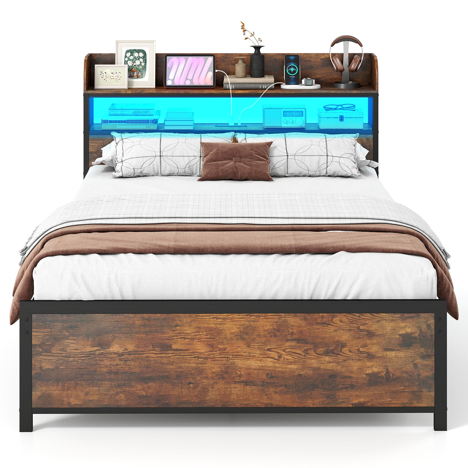 LED Bed Frame with Power Outlets and Storage Headboard-Full Size Beds & Bed Frames at Gallery Canada
