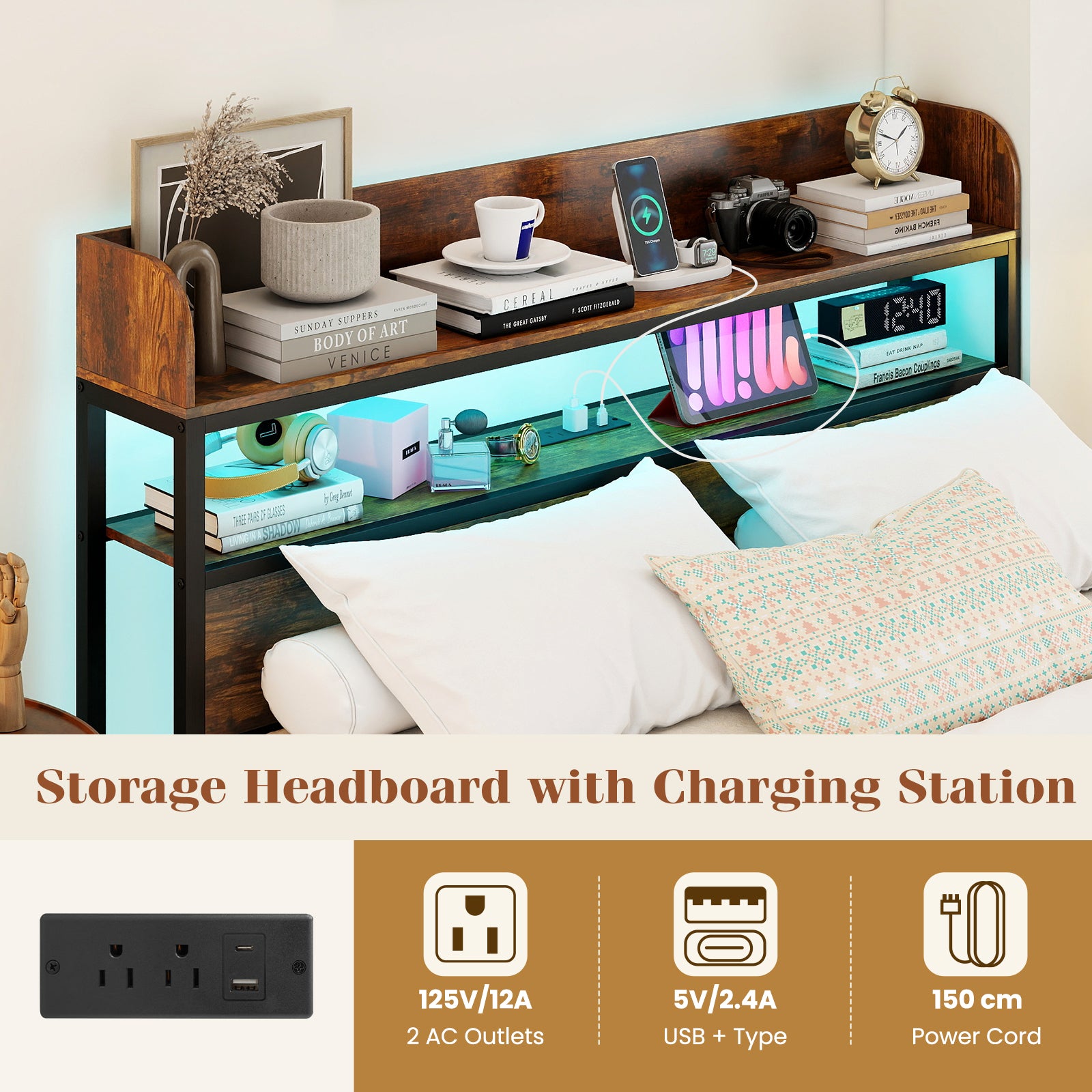 LED Bed Frame with Power Outlets and Storage Headboard-Full Size Beds & Bed Frames at Gallery Canada