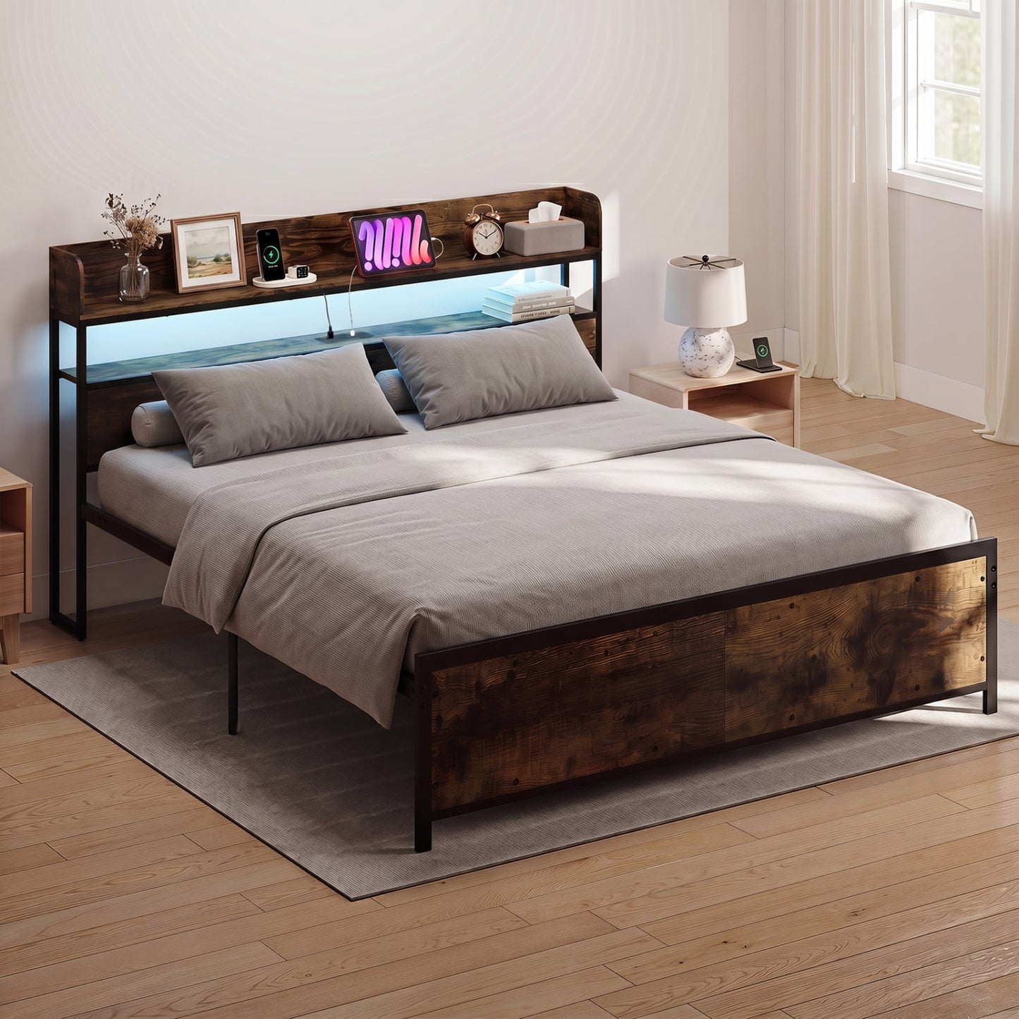 Bed Frame with Power Outlets, King Size, LED