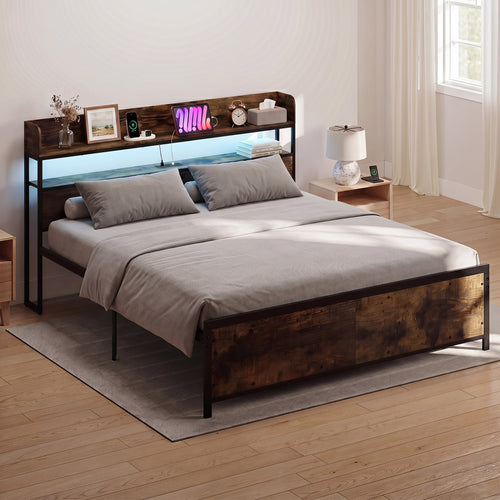 Bed Frame with Power Outlets, King Size, LED