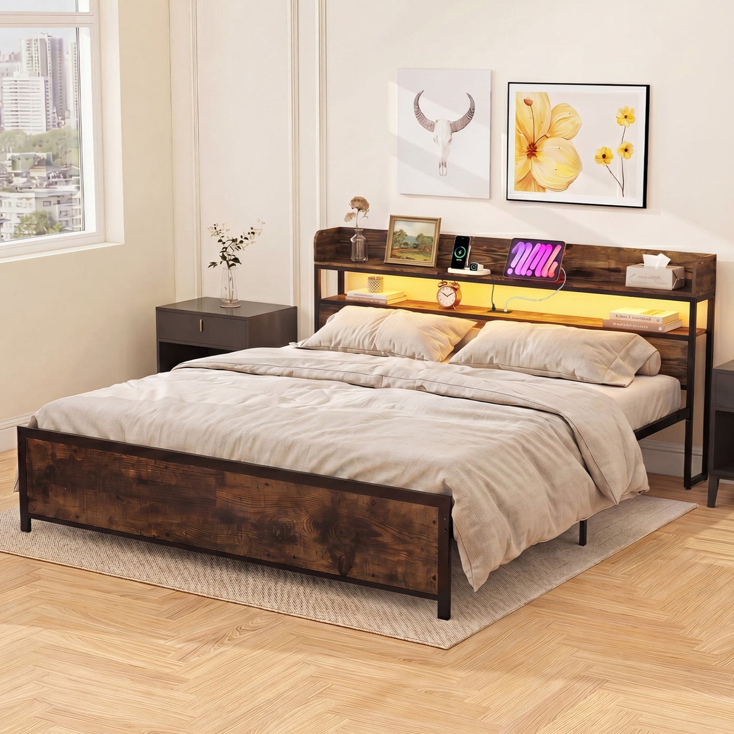Bed Frame with Power Outlets, King Size, LED