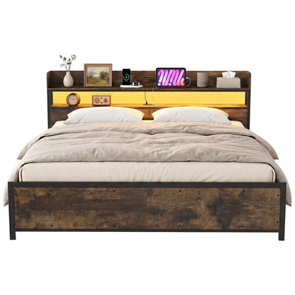 Bed Frame with Power Outlets, King Size, LED