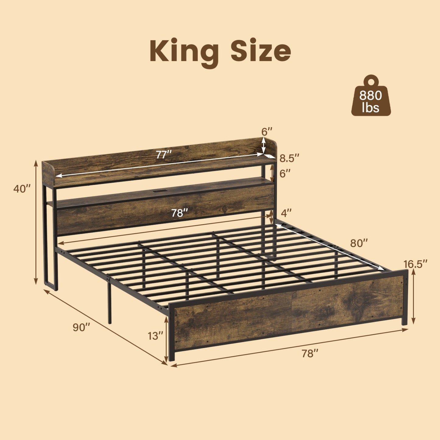 Bed Frame with Power Outlets, King Size, LED