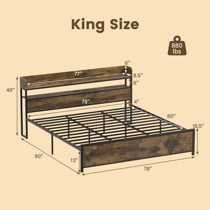 Bed Frame with Power Outlets, King Size, LED