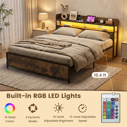 Bed Frame with Power Outlets, King Size, LED