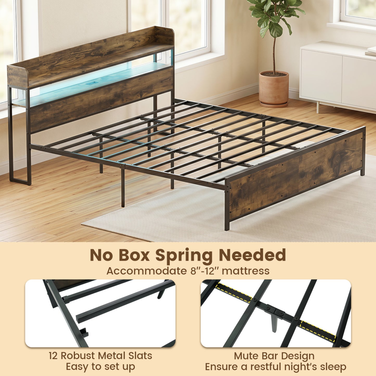 Bed Frame with Power Outlets, King Size, LED