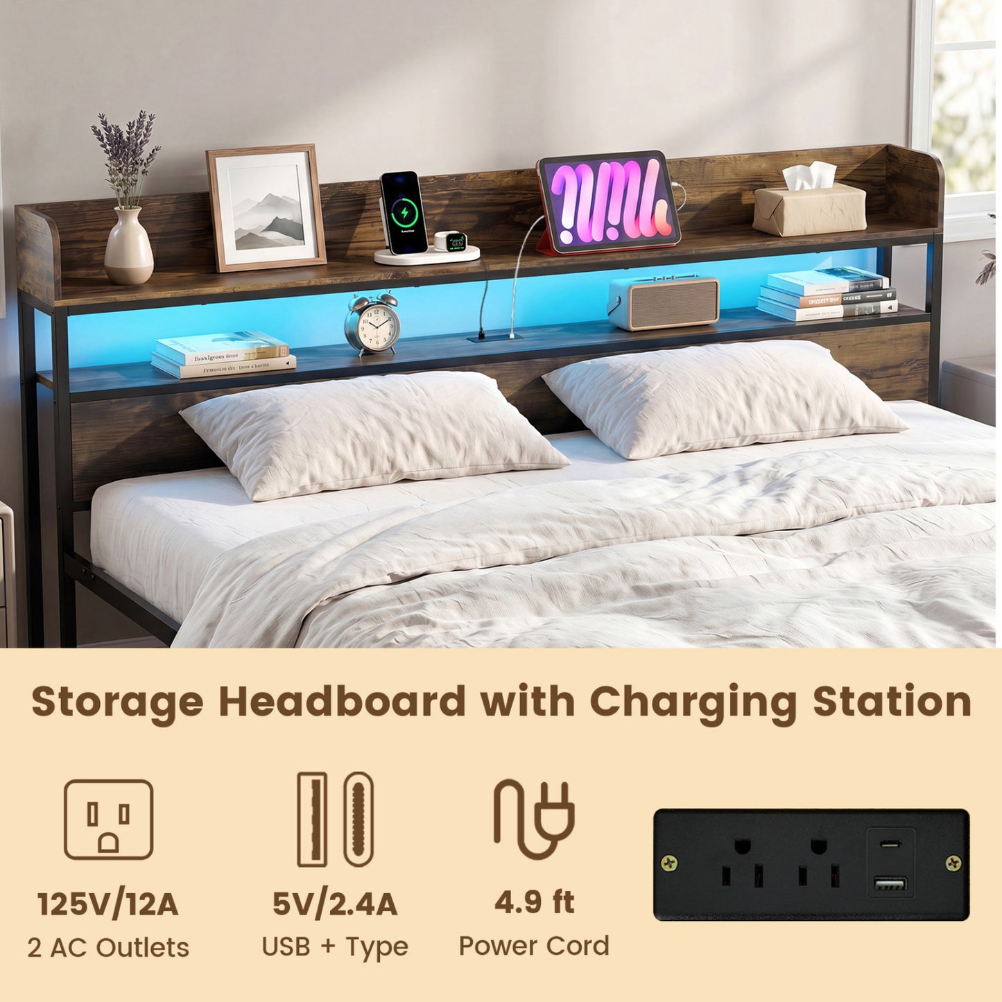 Bed Frame with Power Outlets, King Size, LED