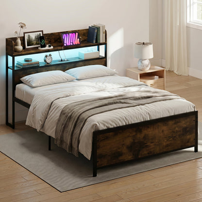 Bed Frame With Power Outlets And Storage Headboard, Queen, LED