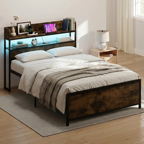Bed Frame With Power Outlets And Storage Headboard, Queen, LED