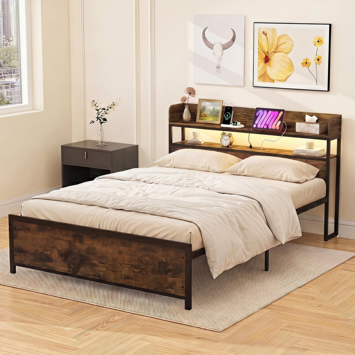 Bed Frame With Power Outlets And Storage Headboard, Queen, LED