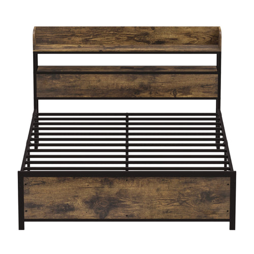 Bed Frame With Power Outlets And Storage Headboard, Queen, LED
