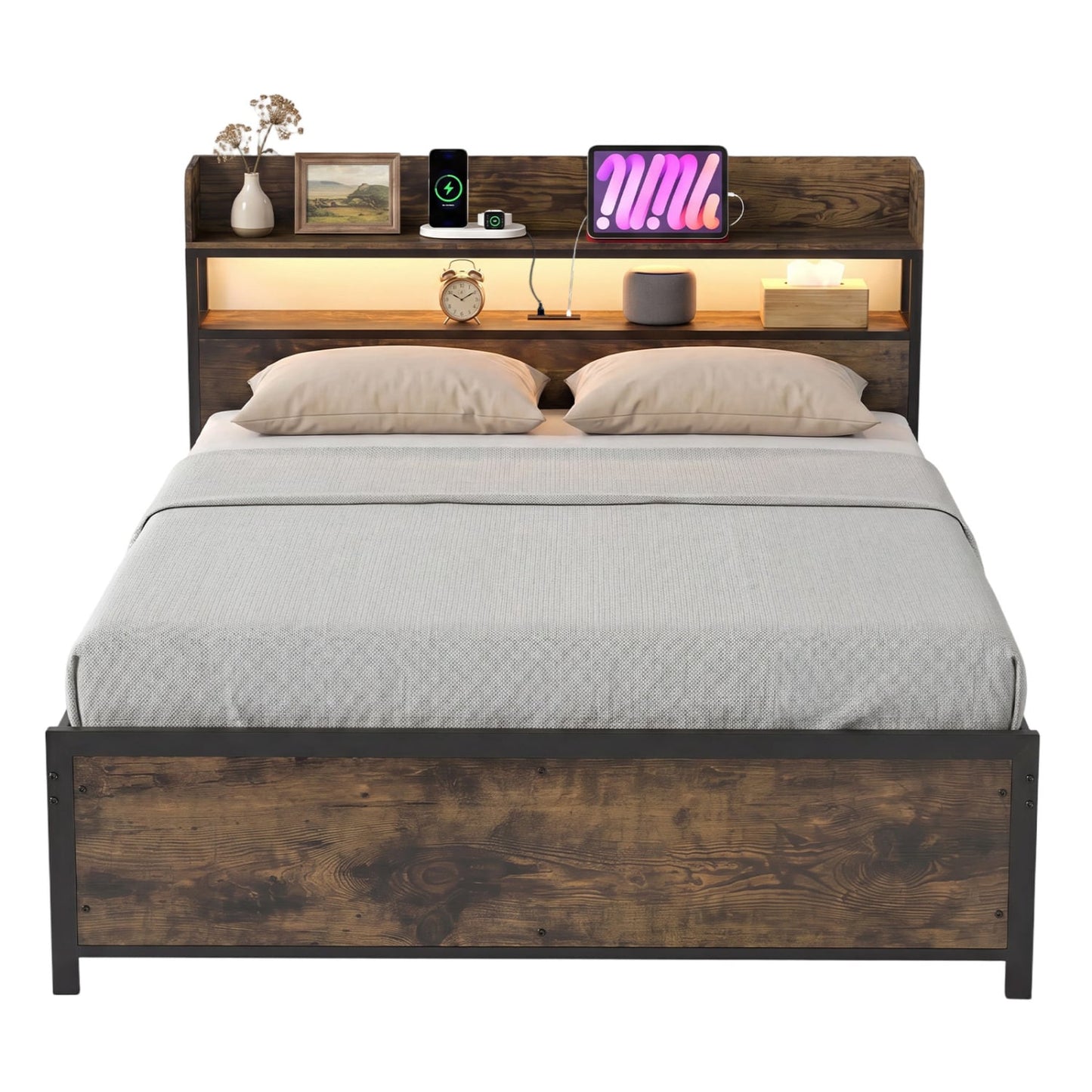 Bed Frame With Power Outlets And Storage Headboard, Queen, LED