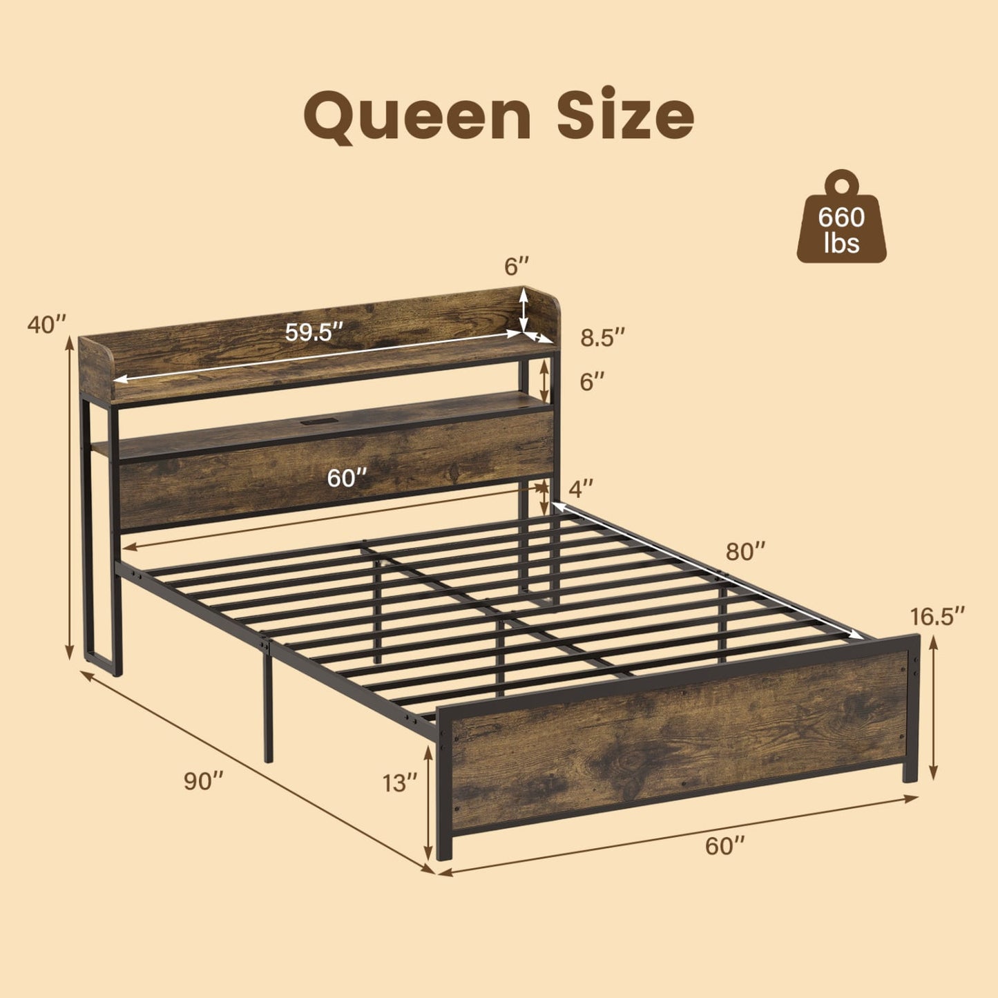 Bed Frame With Power Outlets And Storage Headboard, Queen, LED