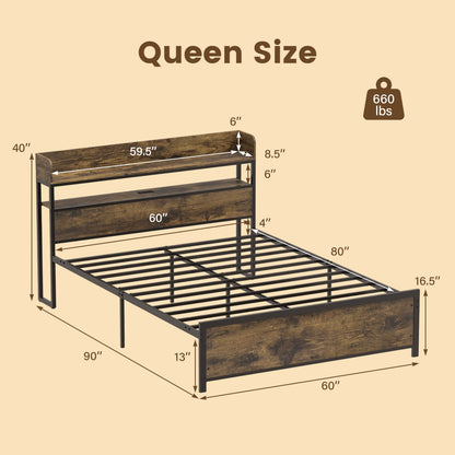 Bed Frame With Power Outlets And Storage Headboard, Queen, LED