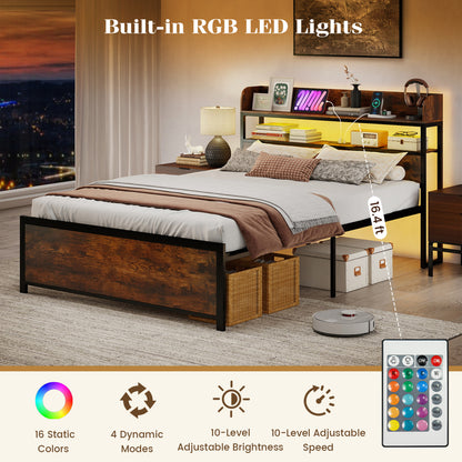 Bed Frame With Power Outlets And Storage Headboard, Queen, LED