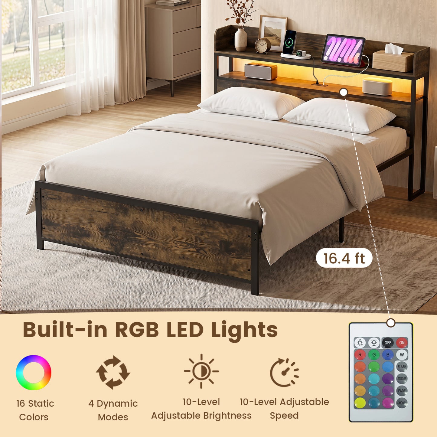 Bed Frame With Power Outlets And Storage Headboard, Queen, LED