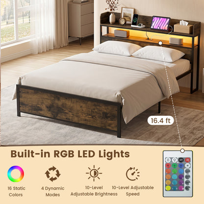 Bed Frame With Power Outlets And Storage Headboard, Queen, LED