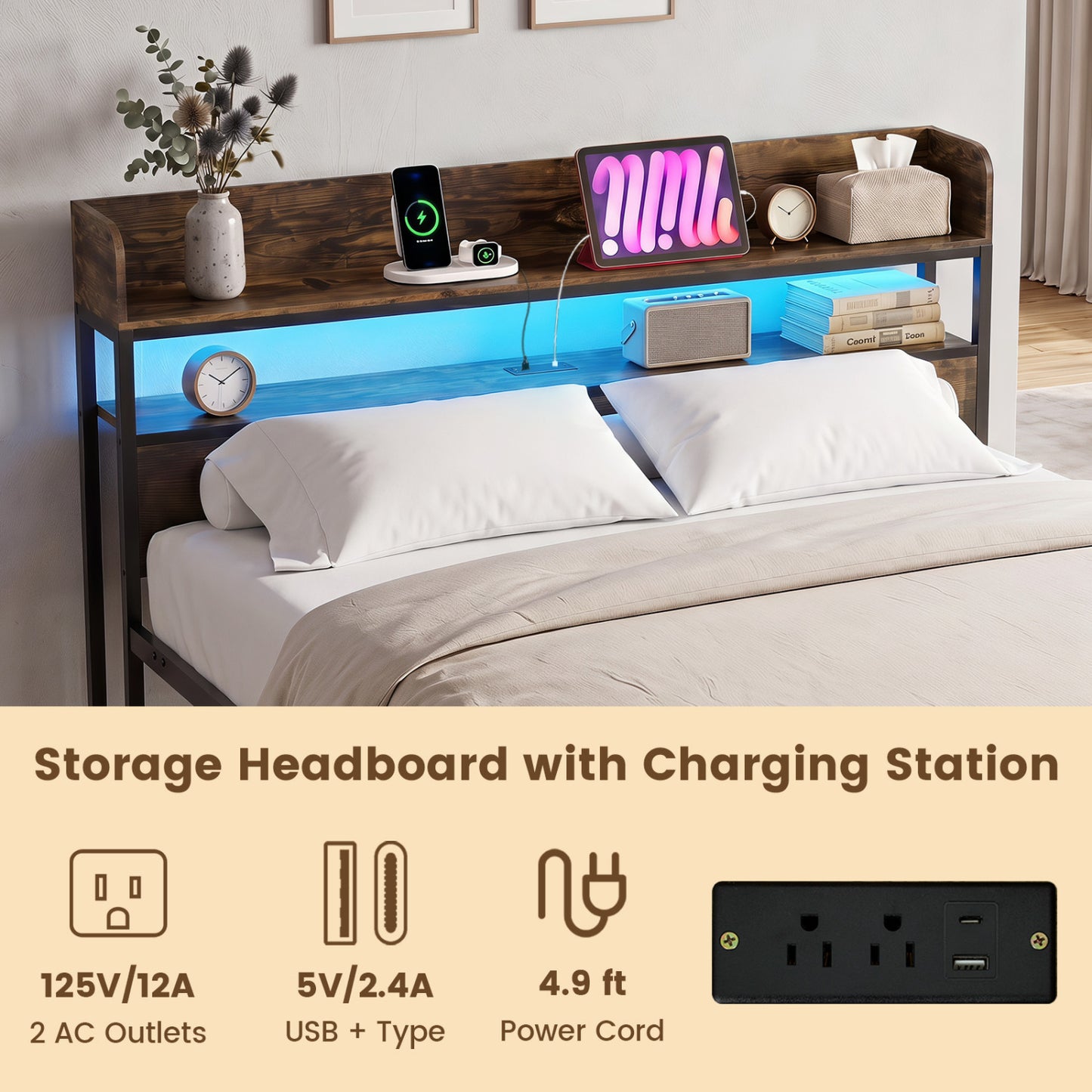Bed Frame With Power Outlets And Storage Headboard, Queen, LED