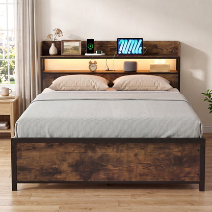 Bed Frame With Power Outlets And Storage Headboard, Queen, LED