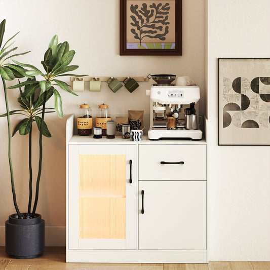 LED Buffet Sideboard with Charging Station with Drawer and Translucent Fluted Door, White