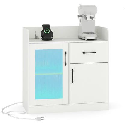 LED Buffet Sideboard with Charging Station with Drawer and Translucent Fluted Door, White Sideboards Cabinets & Buffets White at Gallery Canada