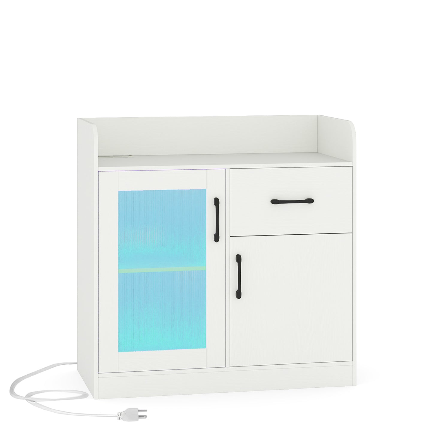 LED Buffet Sideboard with Charging Station with Drawer and Translucent Fluted Door, White