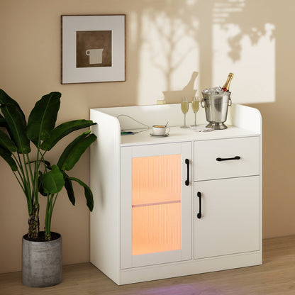 LED Buffet Sideboard with Charging Station with Drawer and Translucent Fluted Door, White