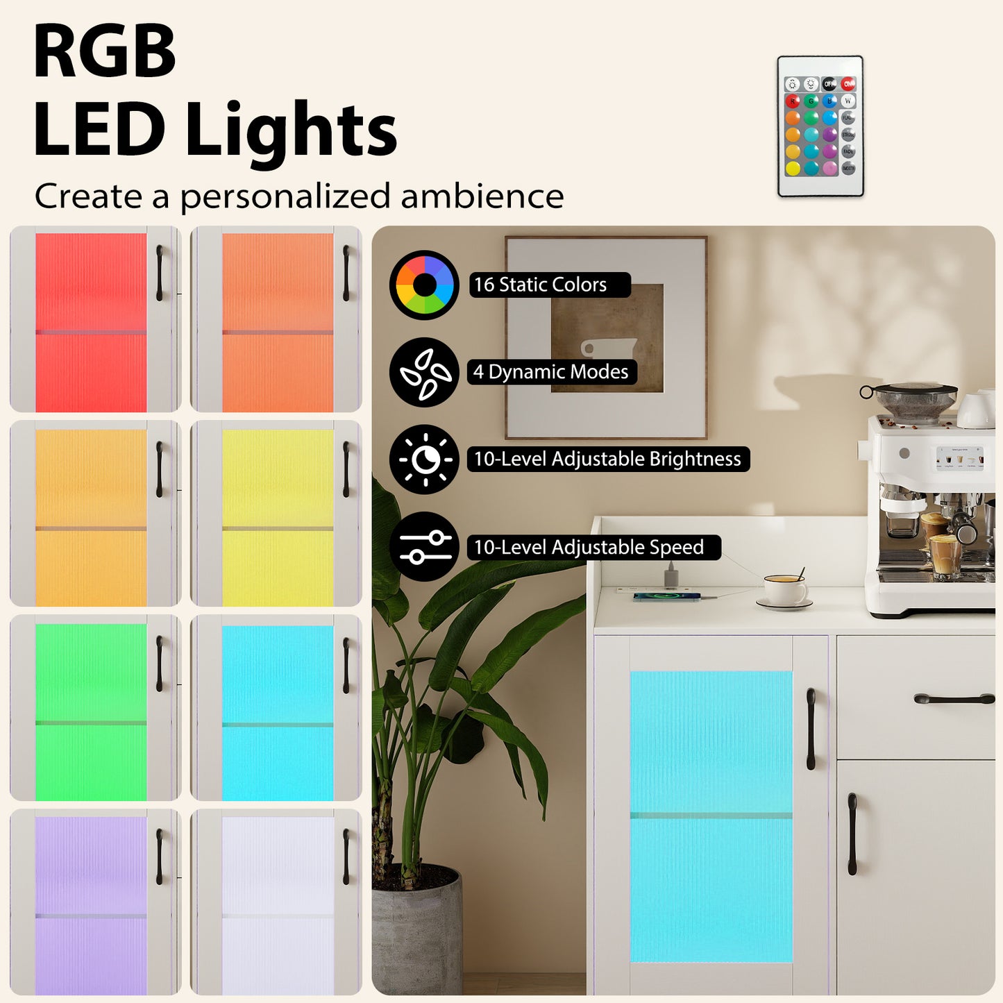 LED Buffet Sideboard with Charging Station with Drawer and Translucent Fluted Door, White