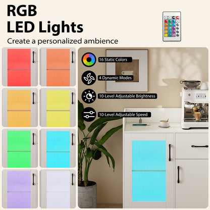 LED Buffet Sideboard with Charging Station with Drawer and Translucent Fluted Door, White