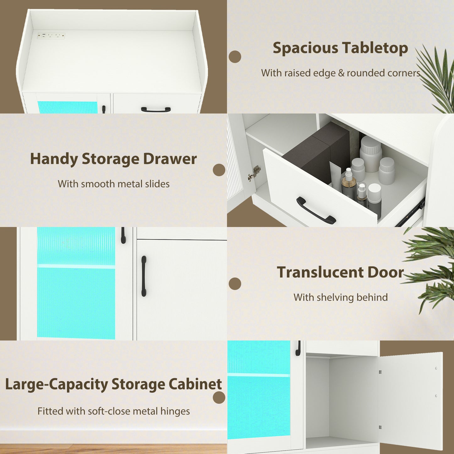 LED Buffet Sideboard with Charging Station with Drawer and Translucent Fluted Door, White